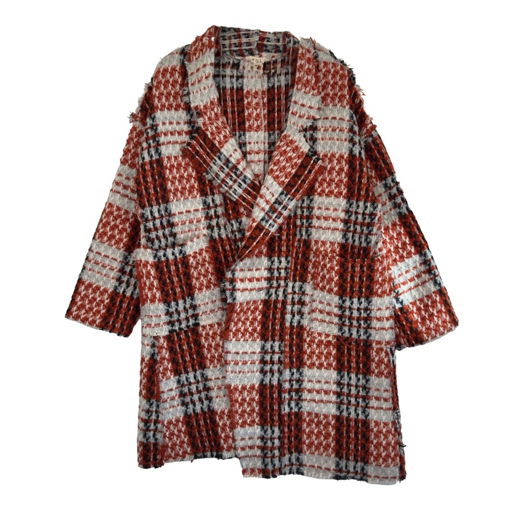 POL Red & White Plaid Tweed Fringe Oversized Knit Cardigan / Coat Coatigan XL
